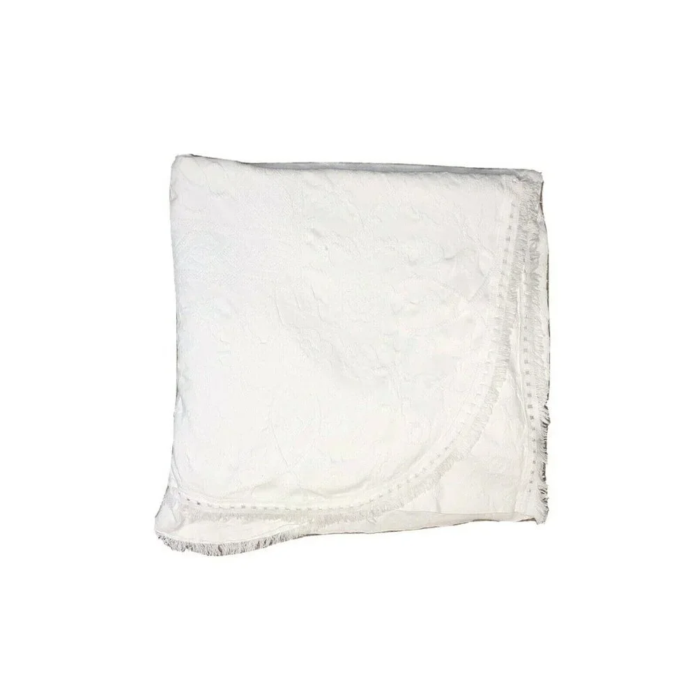 Vintage 1960s 1970s White Cotton Quilt Blanket Throw Bedspread Woven Fringe